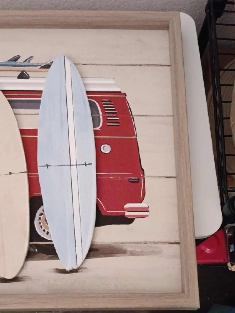 Red VW Camper Van Wall Art with Surfboards - Coastal Accent